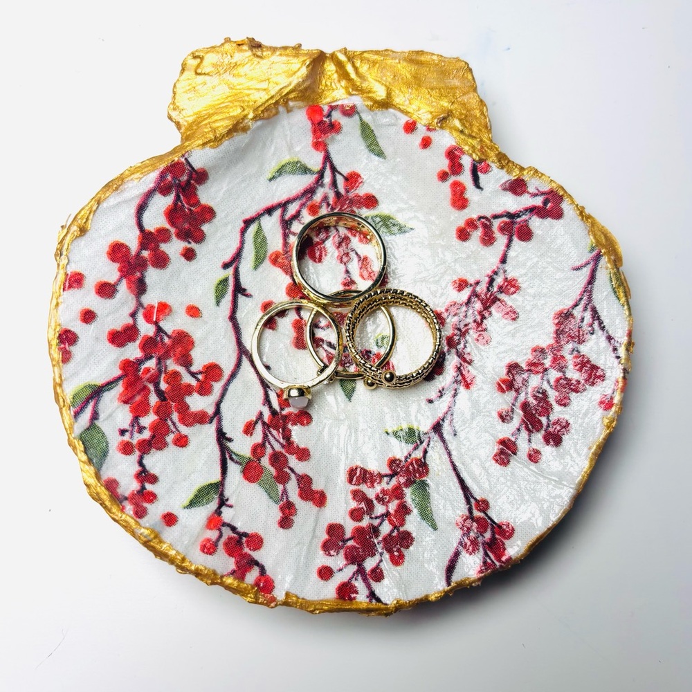 Handmade Shell Trinket Dish W/ Wild Berry Decoupage Design